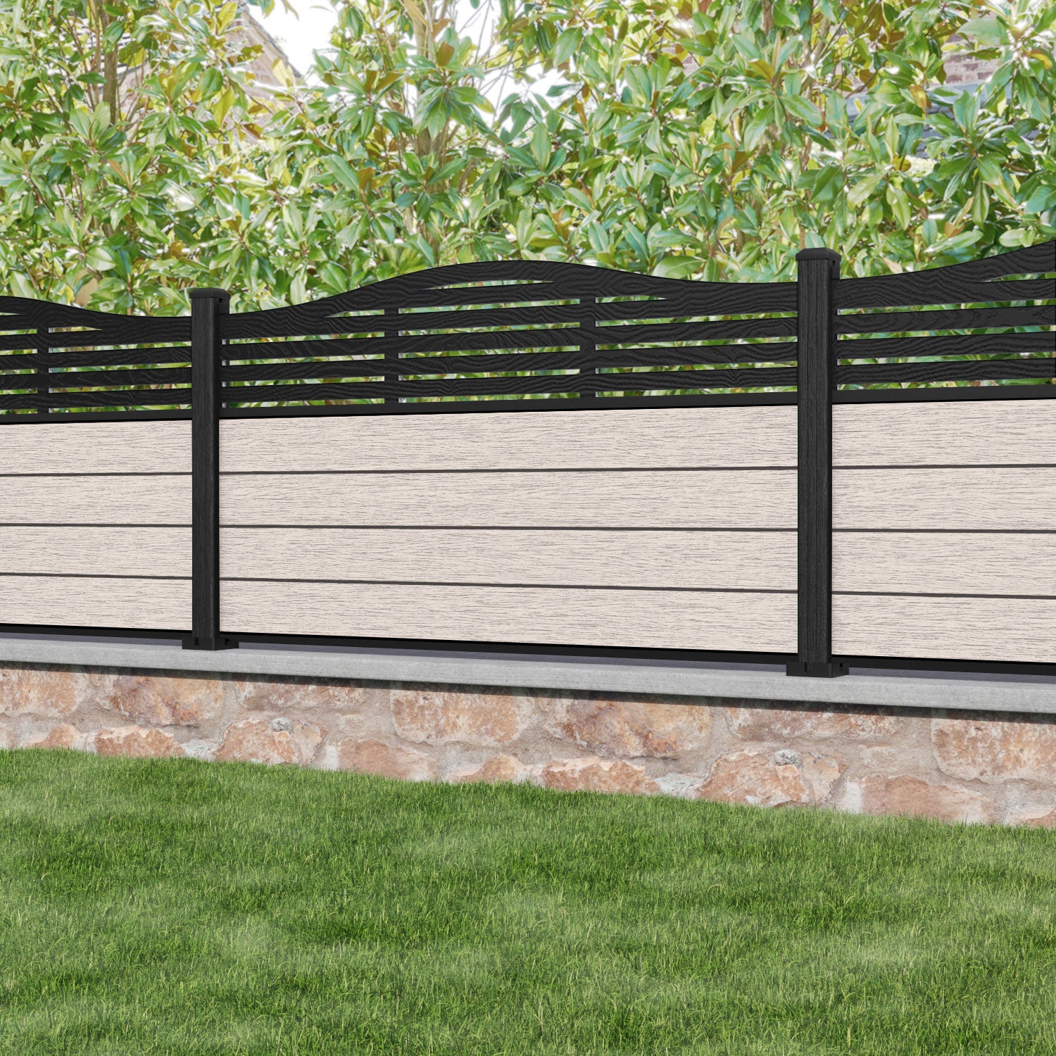 Fusion Aspen Curved Top Fence Panel - Mid Stone - with our composite posts