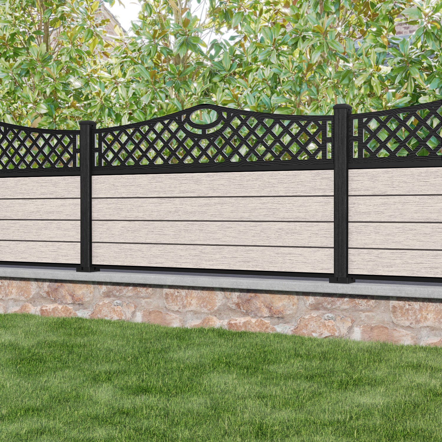 Fusion Oxford Curved Top Fence Panel - Mid Stone - with our composite posts
