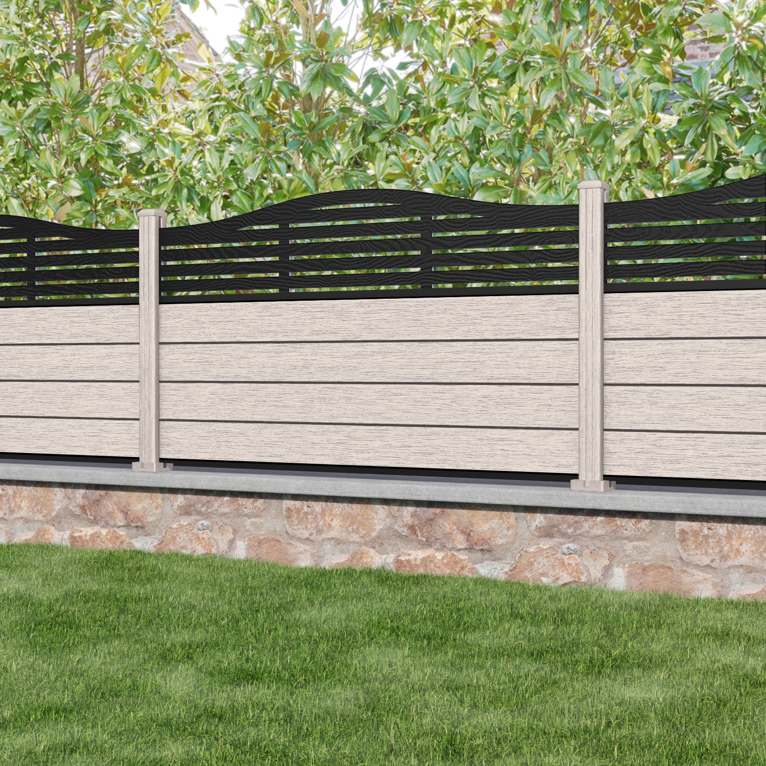 Fusion Aspen Curved Top Fence Panel - Mid Stone - with our composite posts