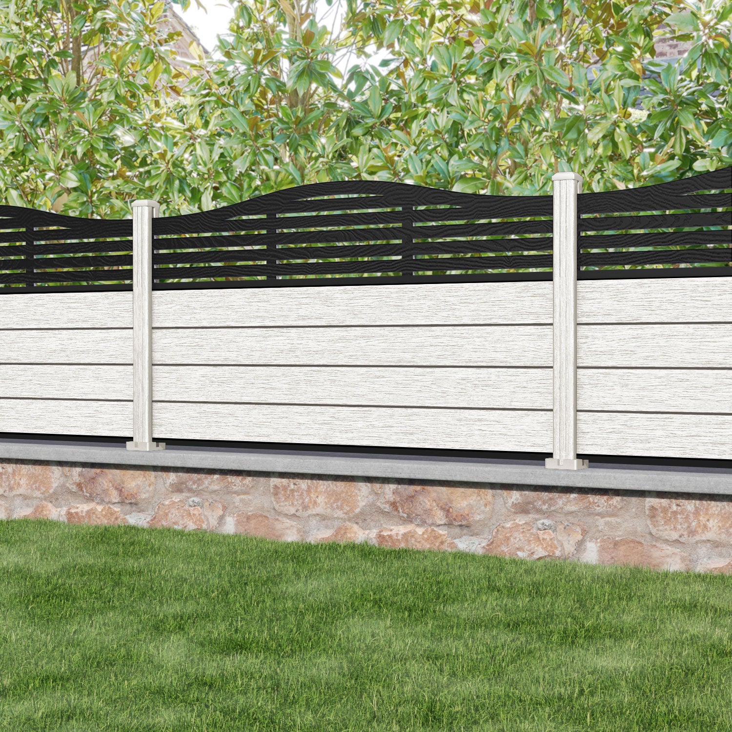 Fusion Aspen Curved Top Fence Panel - Light Stone - with our composite posts