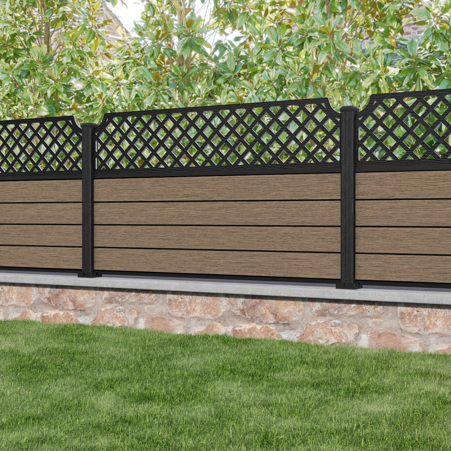 Fusion Regal Hive Fence Panel - Teak - with our aluminium posts