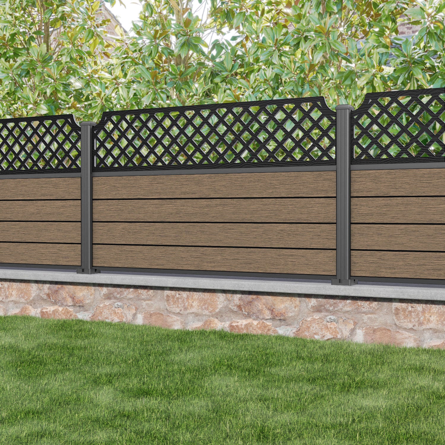 Fusion Regal Hive Fence Panel - Teak - with our aluminium posts