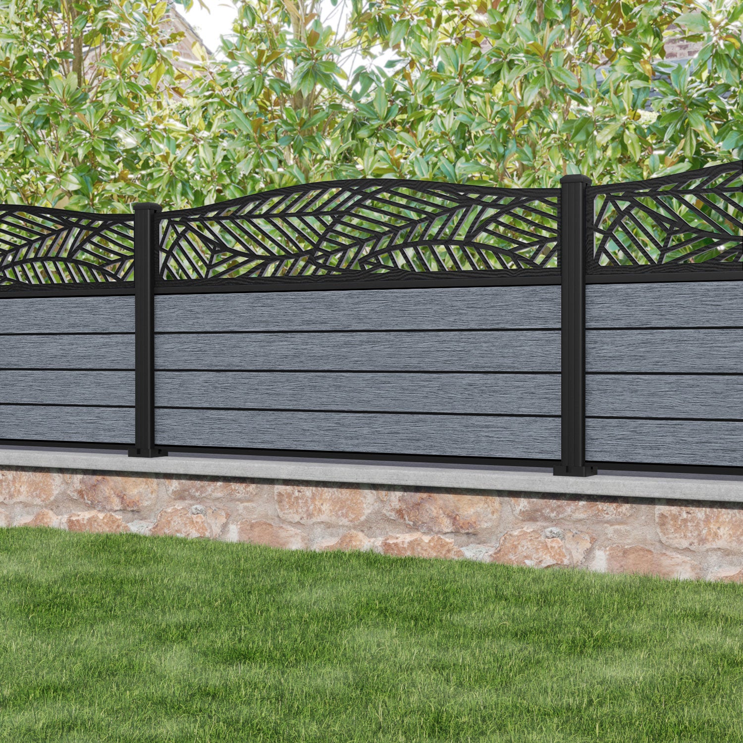 Fusion Habitat Curved Top Fence Panel - Anthracite - with our aluminium posts