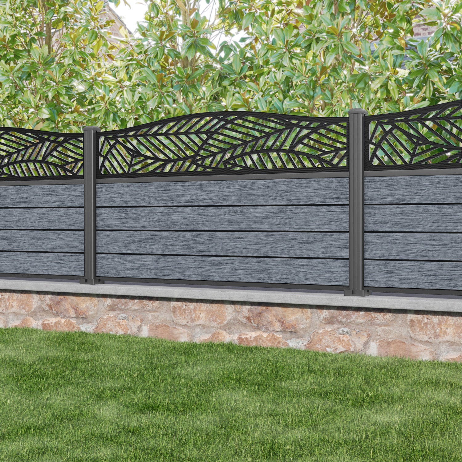 Fusion Habitat Curved Top Fence Panel - Anthracite - with our aluminium posts