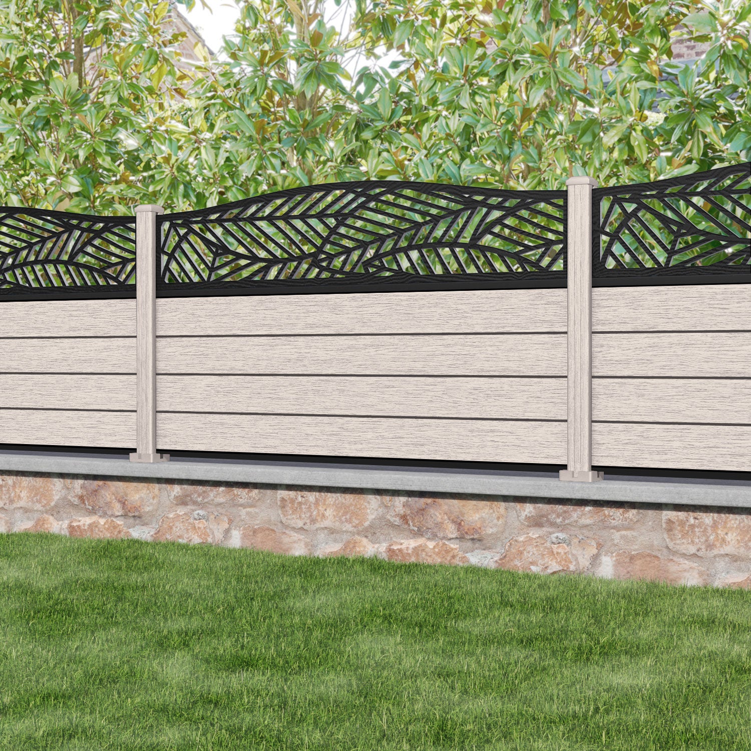 Fusion Habitat Curved Top Fence Panel - Mid Stone - with our composite posts