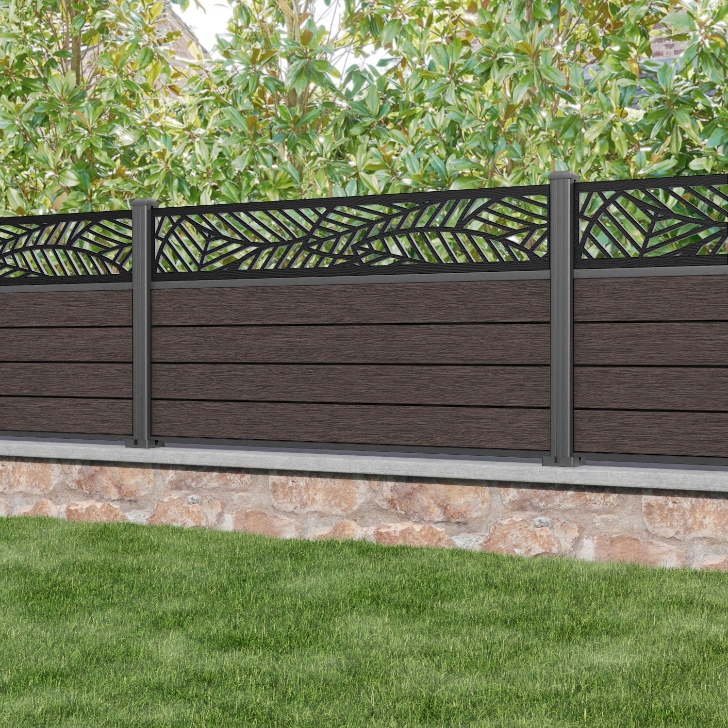 Fusion Habitat Fence Panel - Mid Brown - with our aluminium posts