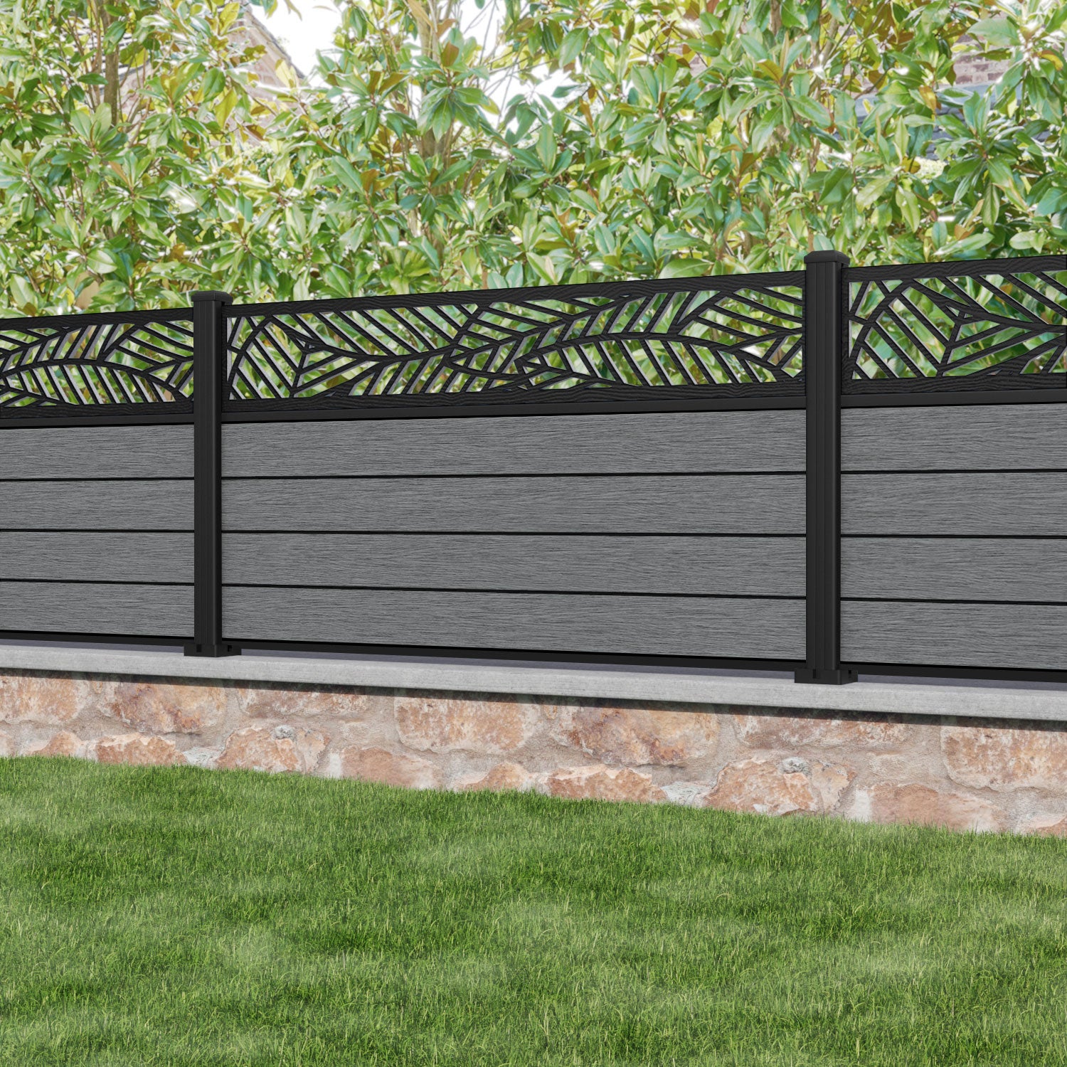 Fusion Habitat Fence Panel - Mid Grey - with our aluminium posts