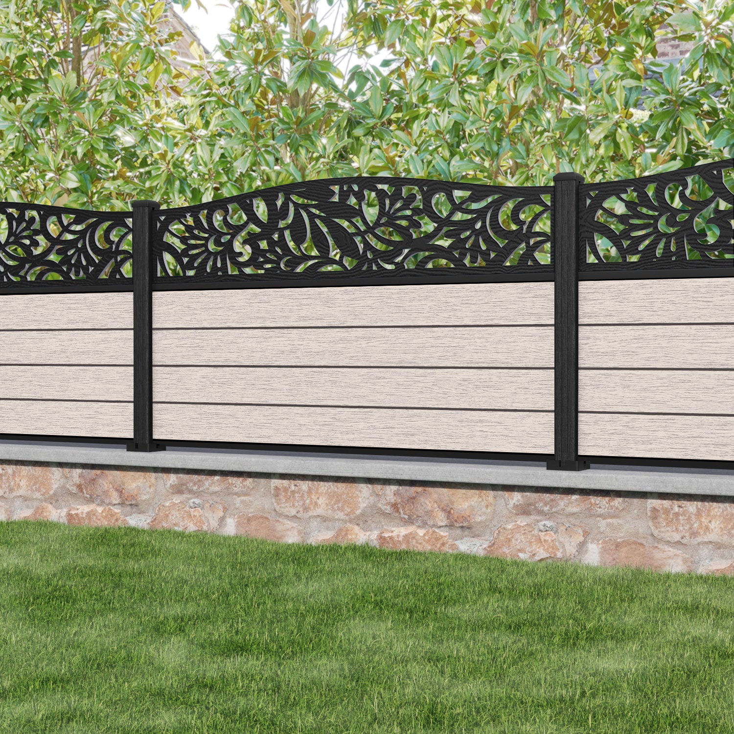 Fusion Heritage Curved Top Fence Panel - Mid Stone - with our composite posts