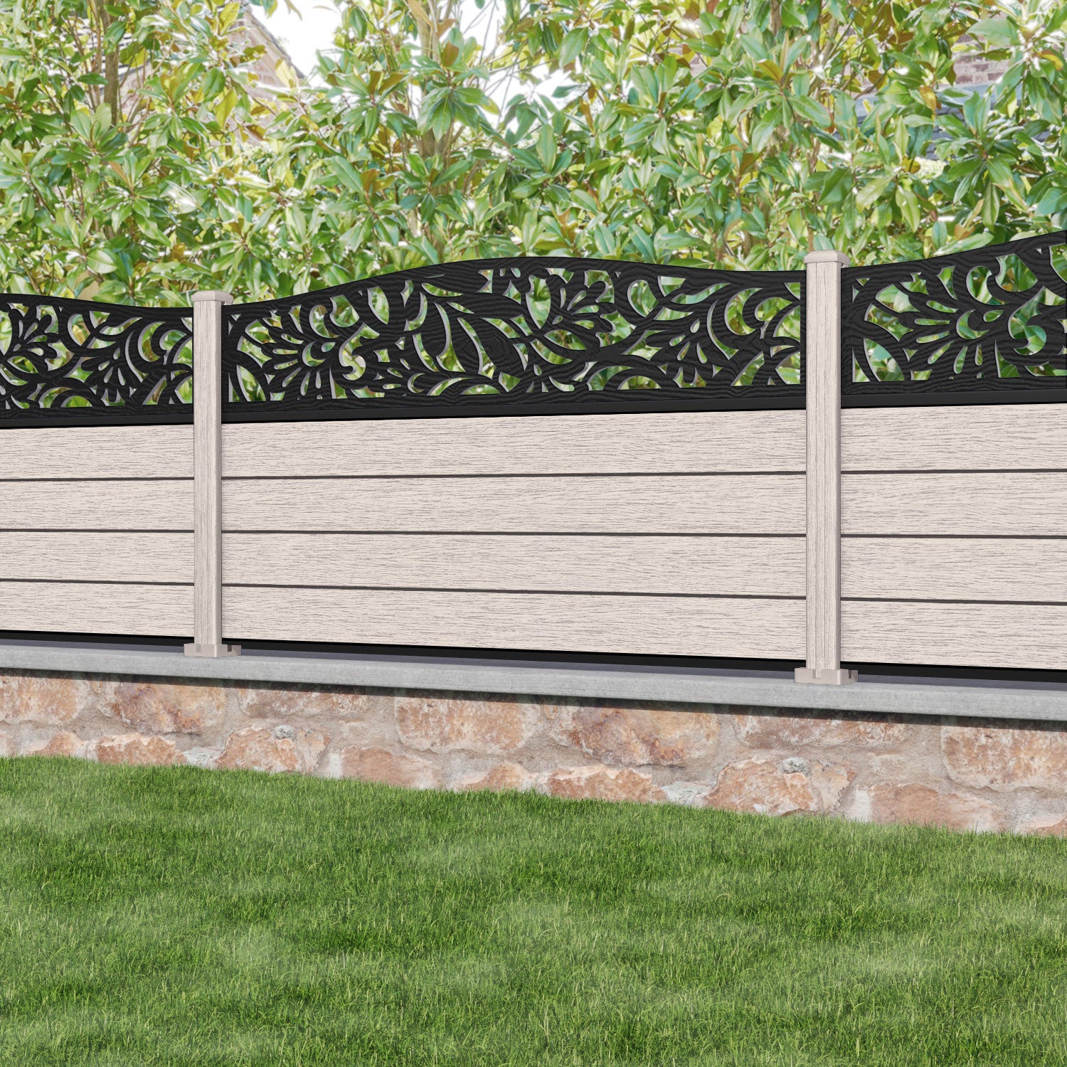 Fusion Heritage Curved Top Fence Panel - Mid Stone - with our composite posts