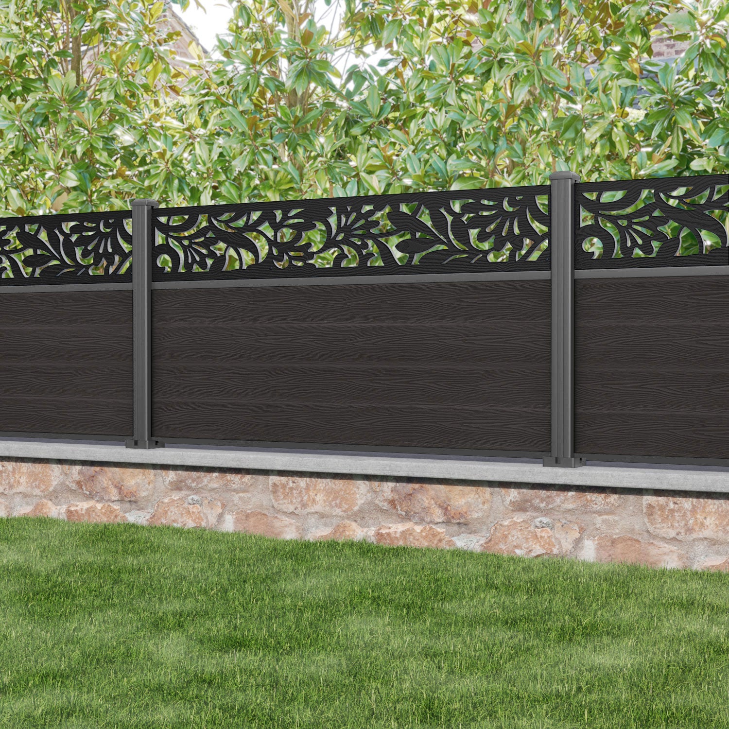 Classic Heritage Fence Panel - Dark Oak - with our aluminium posts