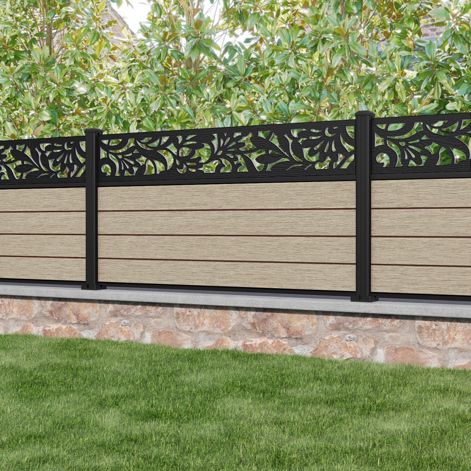 Fusion Heritage Fence Panel - Light Oak - with our aluminium posts