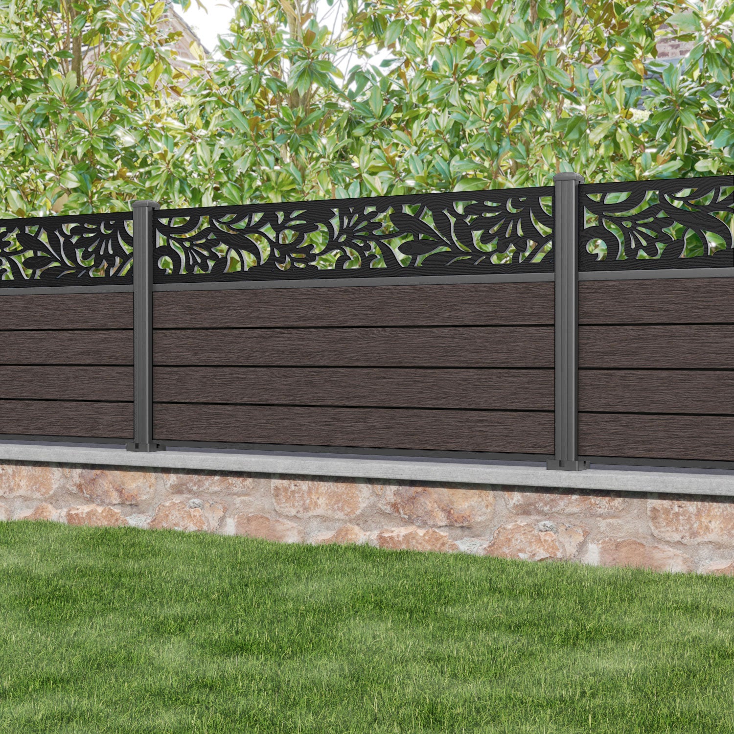 Fusion Heritage Fence Panel - Mid Brown - with our aluminium posts