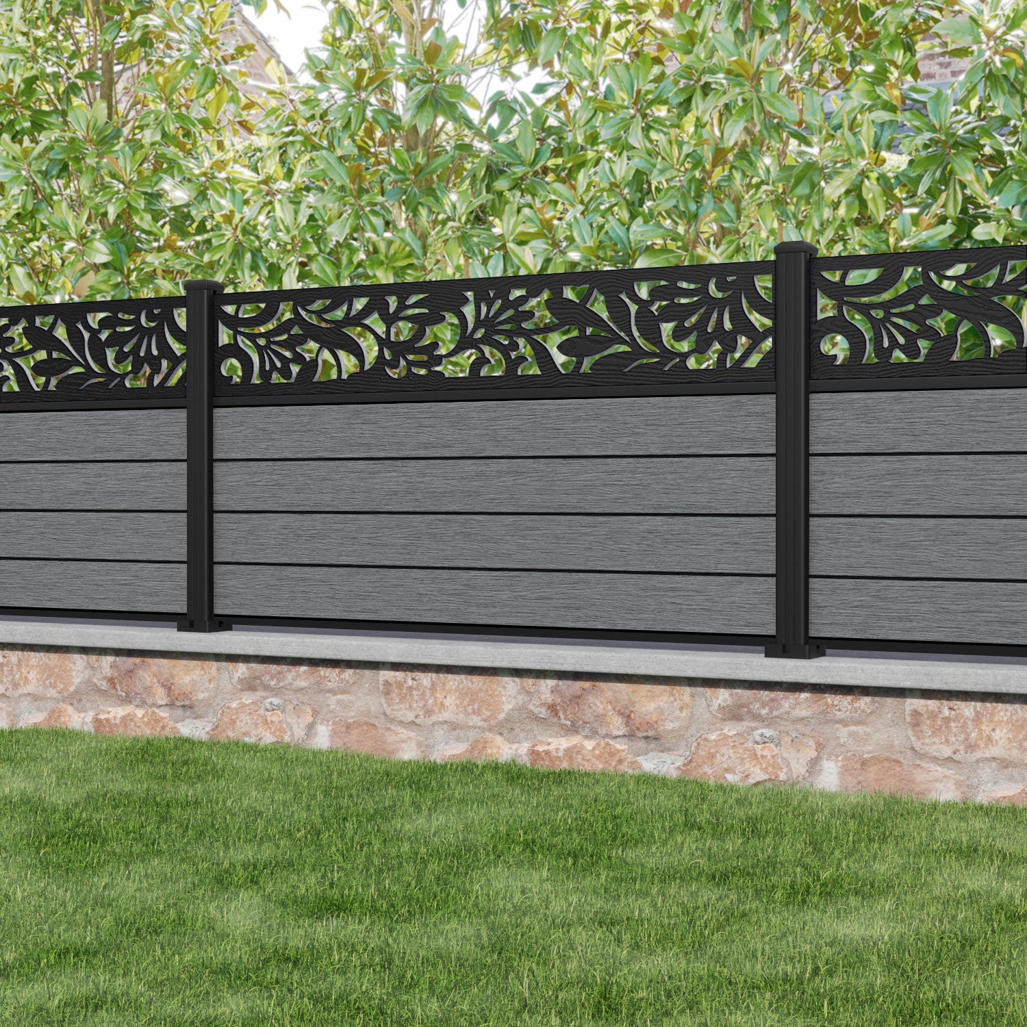 Fusion Heritage Fence Panel - Mid Grey - with our aluminium posts