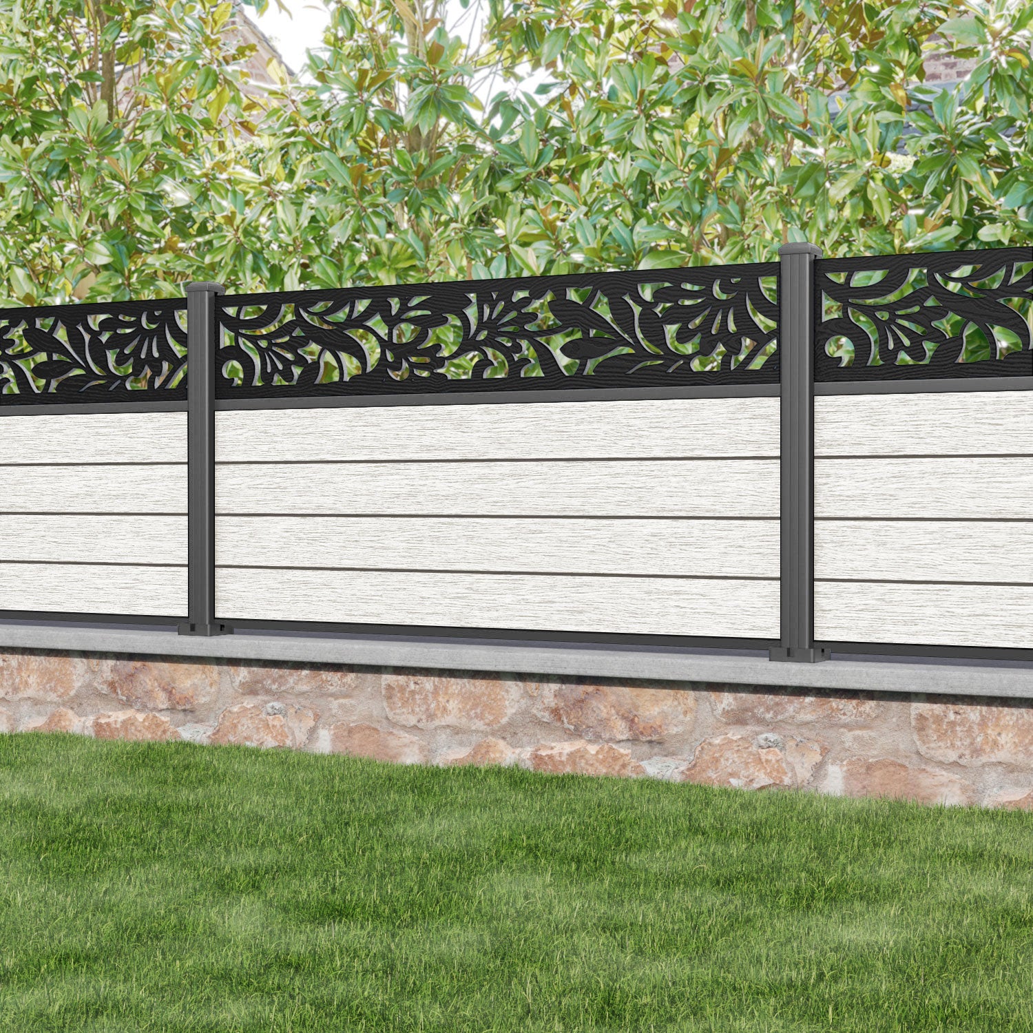 Fusion Heritage Fence Panel - Light Stone - with our aluminium posts