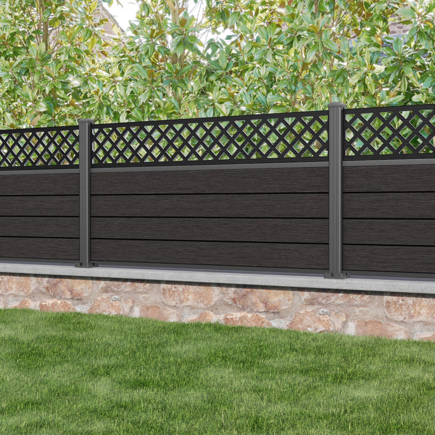Fusion Hive Fence Panel - Dark Oak - with our aluminium posts