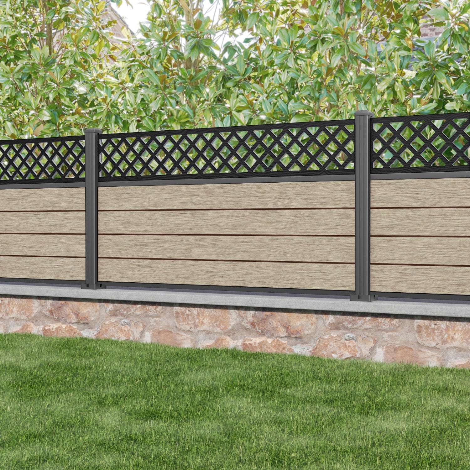 Fusion Hive Fence Panel - Light Oak - with our aluminium posts