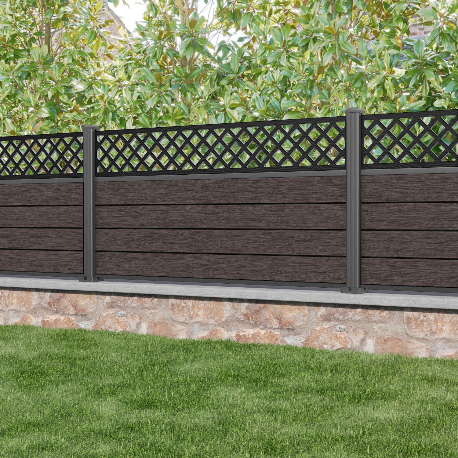 Fusion Hive Fence Panel - Mid Brown - with our aluminium posts