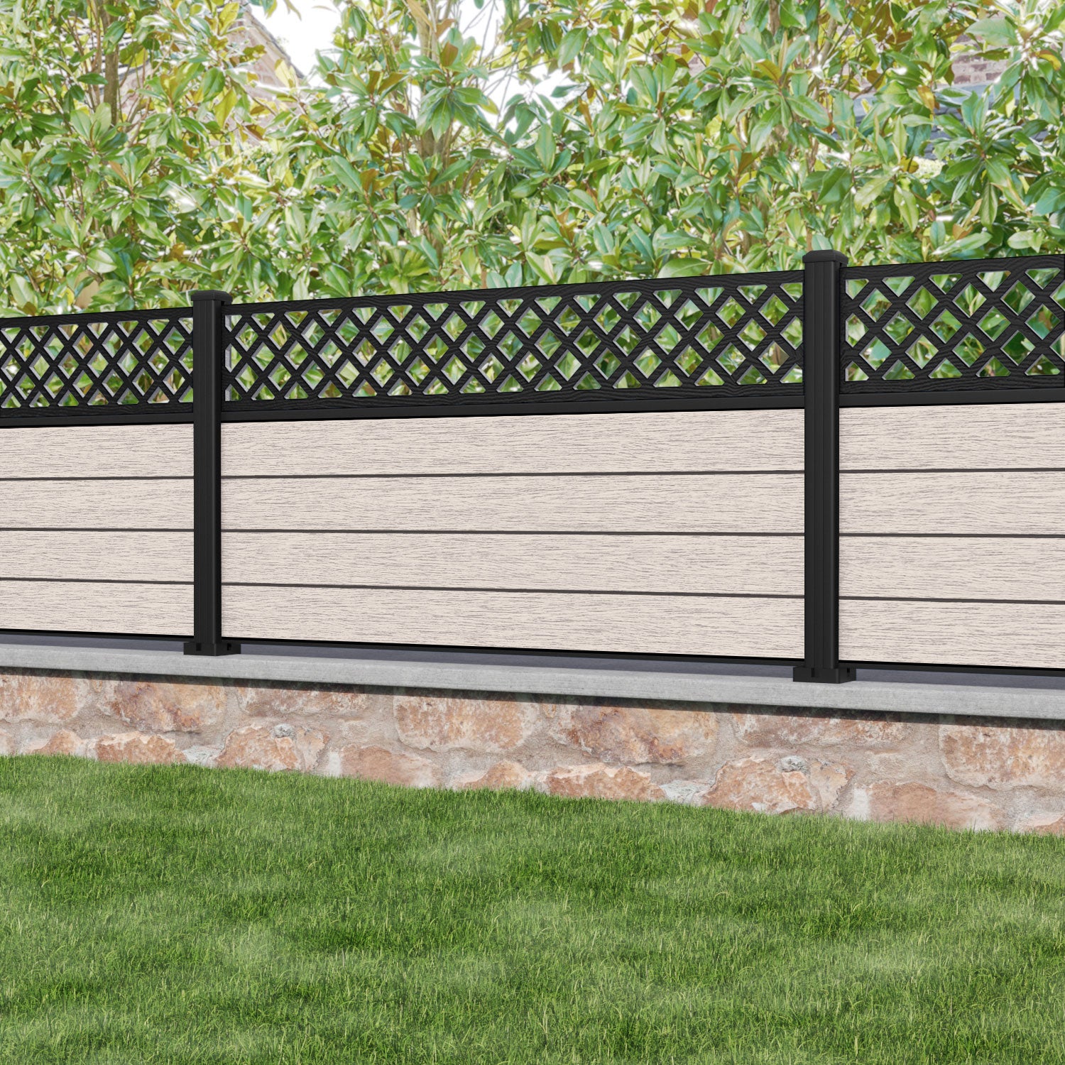 Fusion Hive Fence Panel - Mid Stone - with our aluminium posts