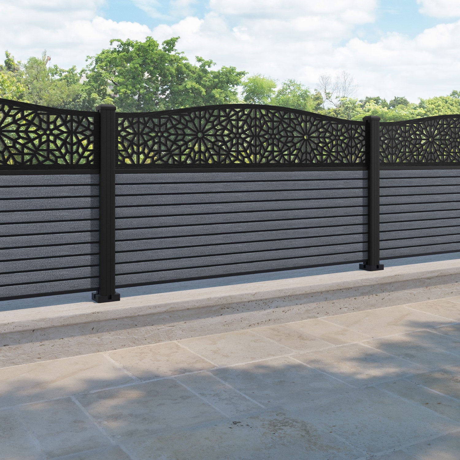 Hudson Alnara Curved Top Fence Panel - Anthracite - with our aluminium posts