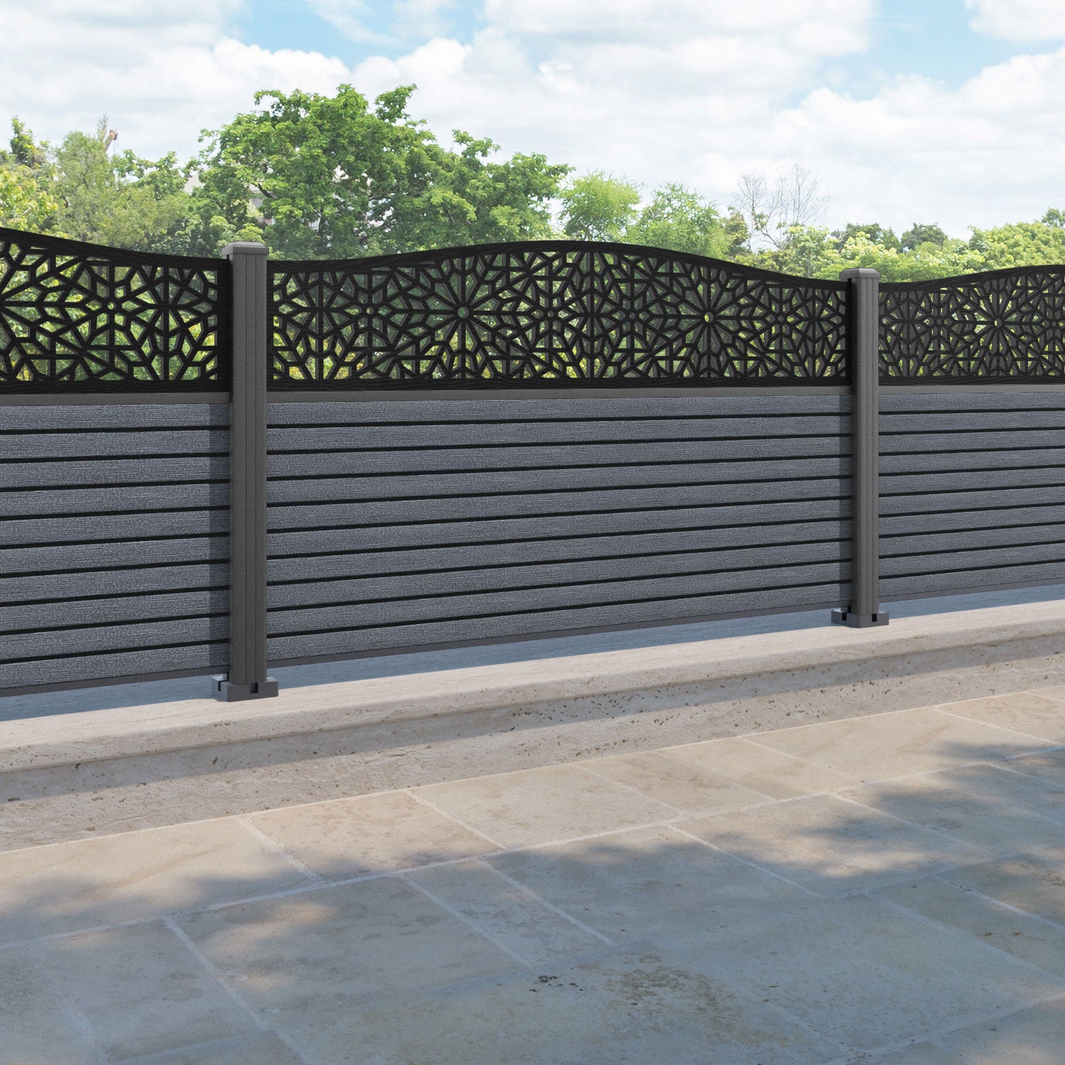 Hudson Alnara Curved Top Fence Panel - Anthracite - with our aluminium posts