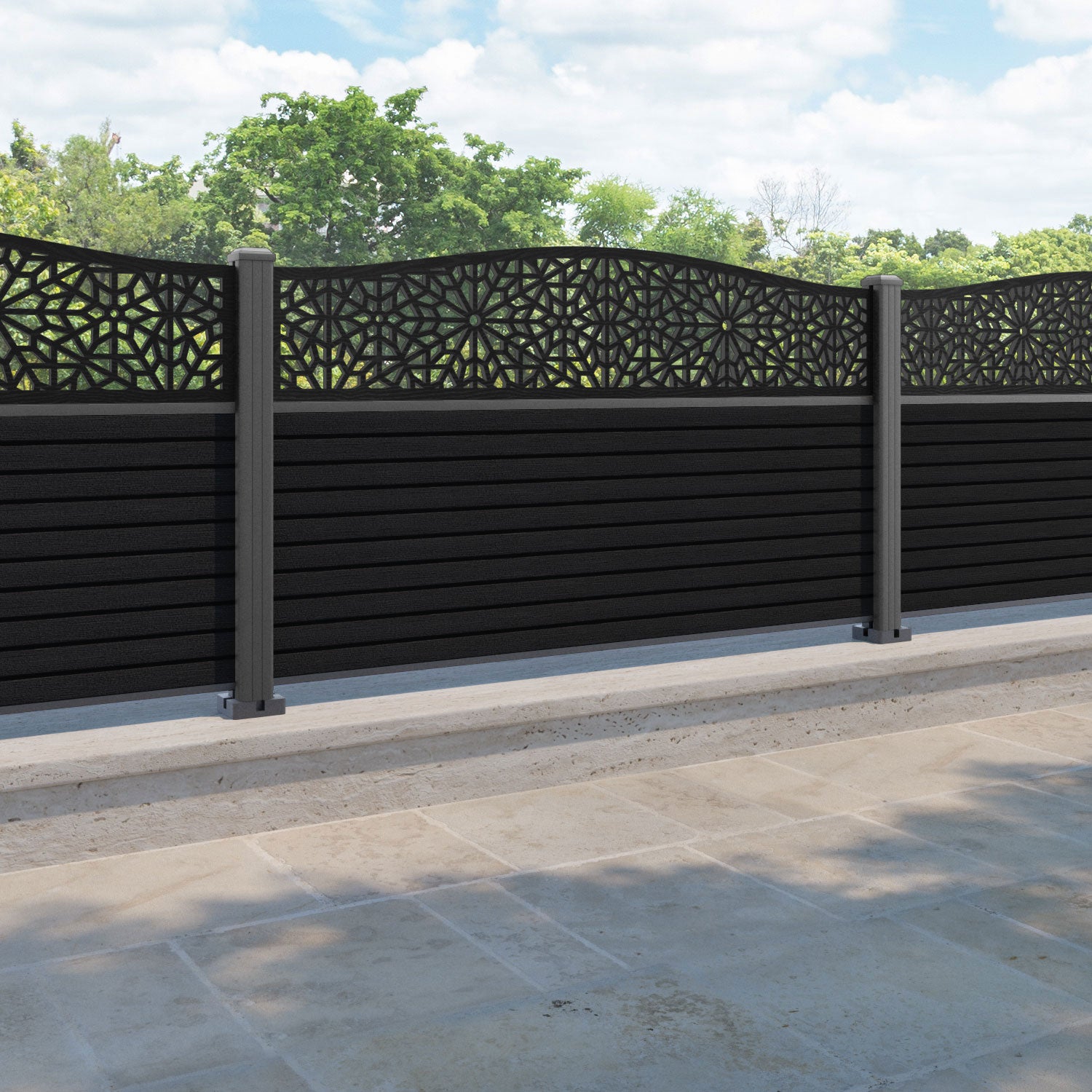 Hudson Alnara Curved Top Fence Panel - Black - with our aluminium posts