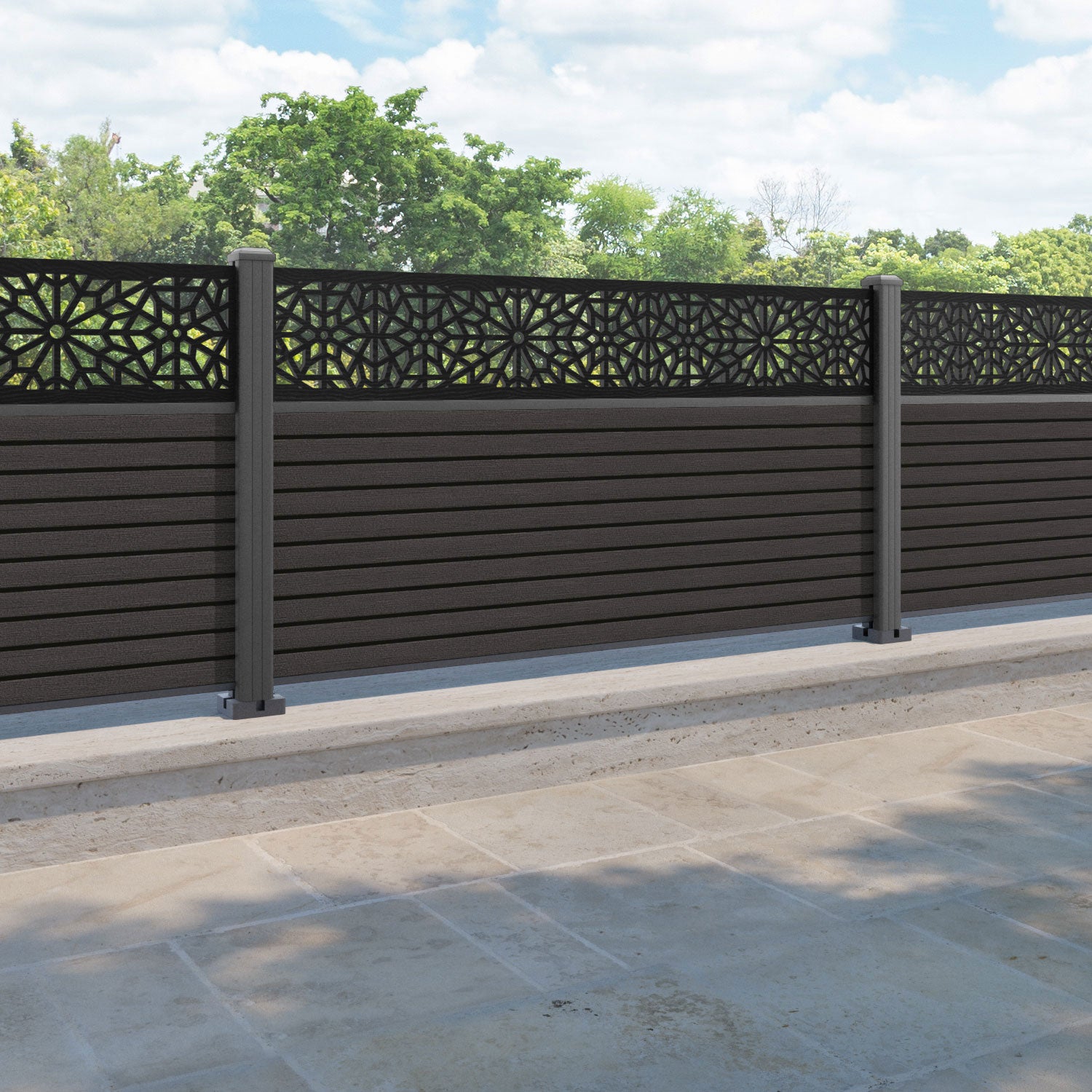 Hudson Alnara Fence Panel - Dark Oak - with our aluminium posts