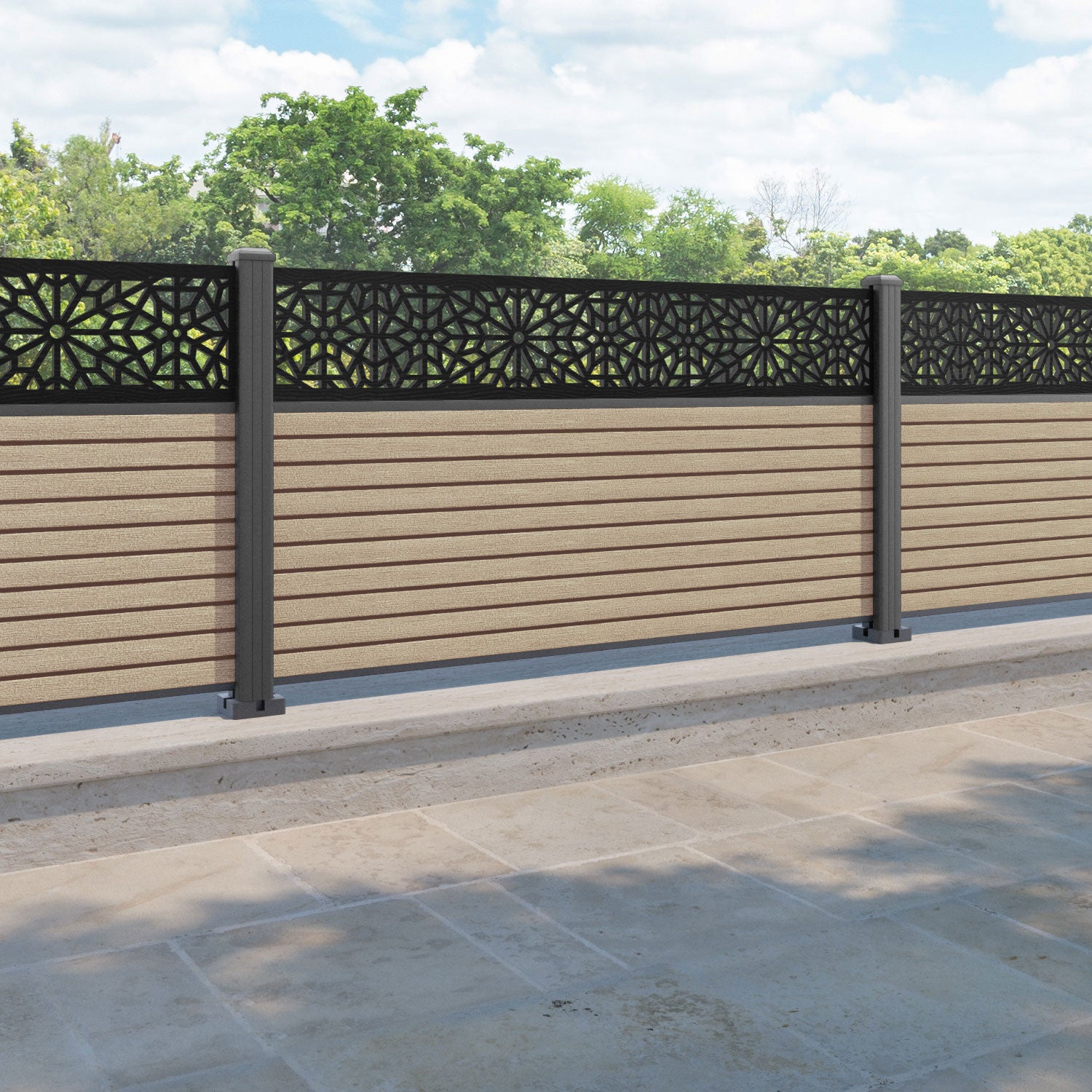 Hudson Alnara Fence Panel - Light Oak - with our aluminium posts