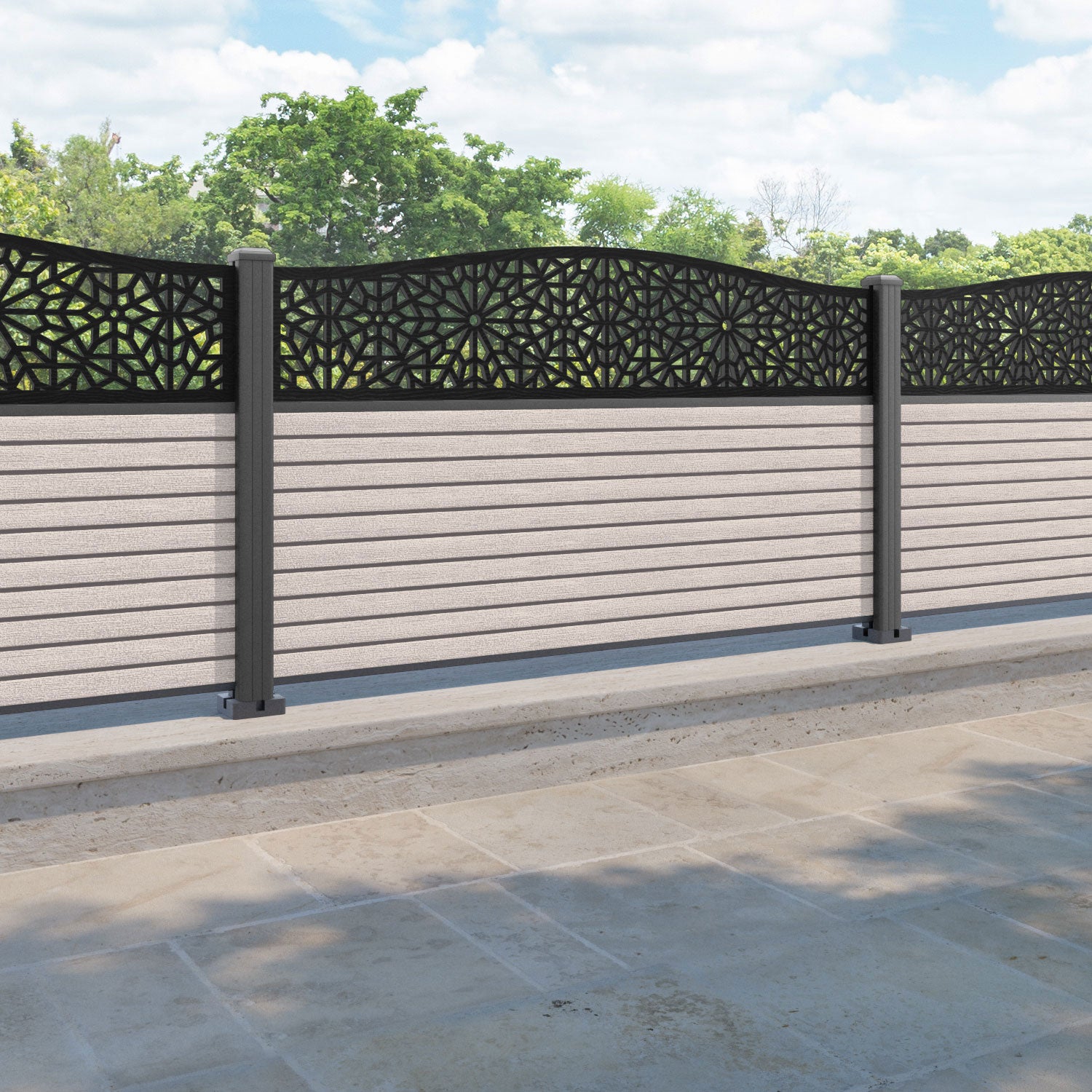 Hudson Alnara Curved Top Fence Panel - Mid Stone - with our aluminium posts