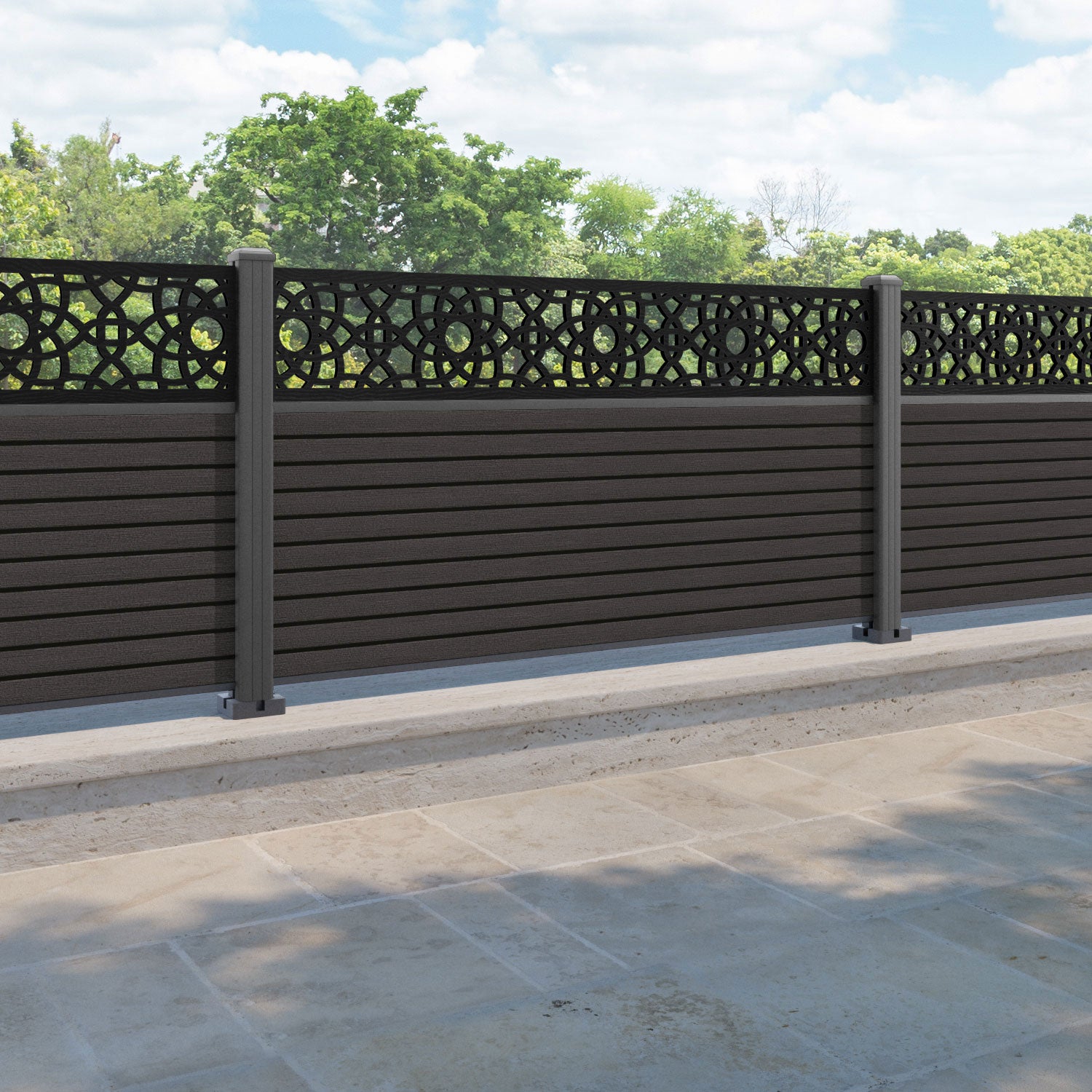 Hudson Ambar Fence Panel - Dark Oak - with our aluminium posts
