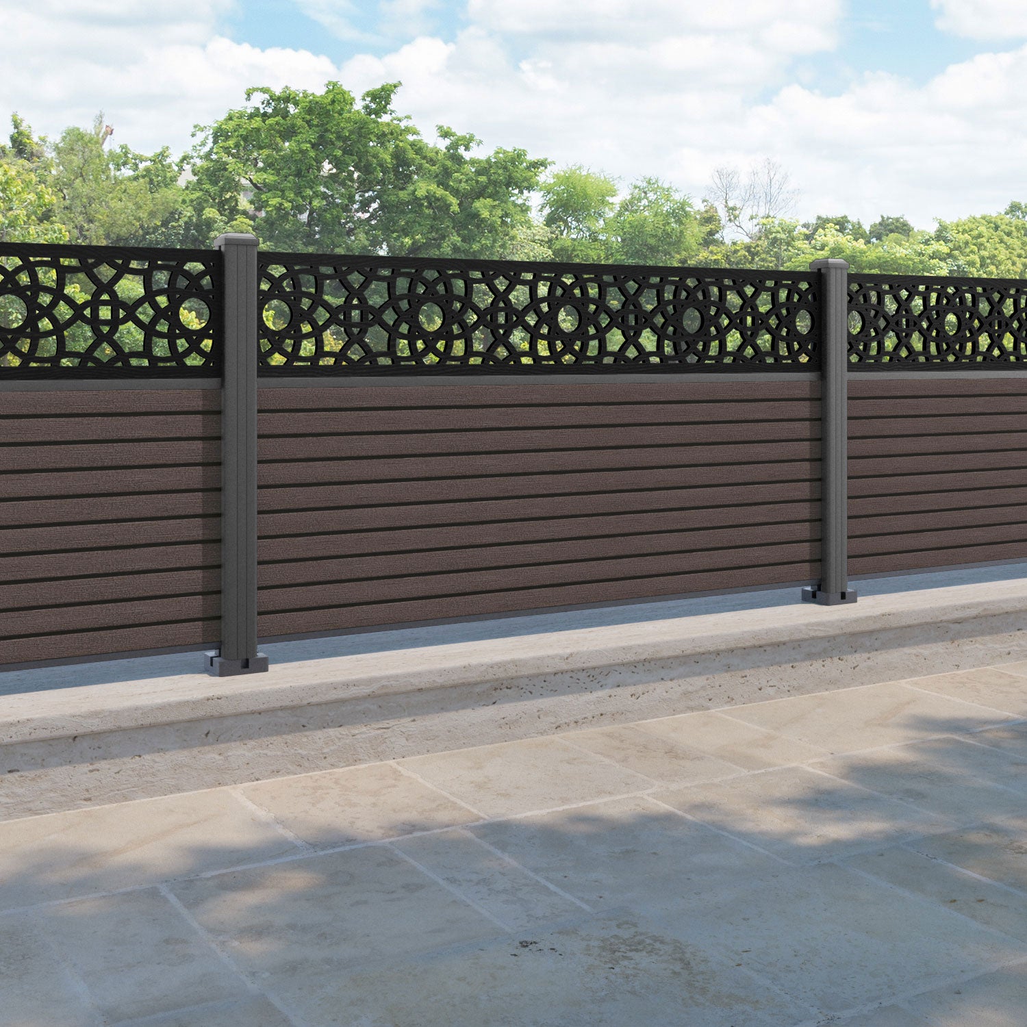 Hudson Ambar Fence Panel - Mid Brown - with our aluminium posts