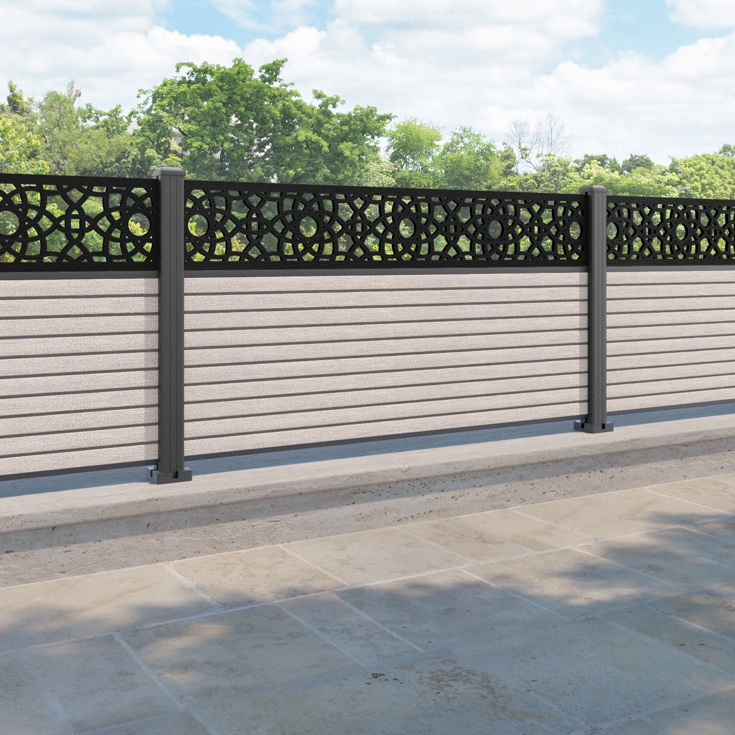 Hudson Ambar Fence Panel - Mid Stone - with our aluminium posts