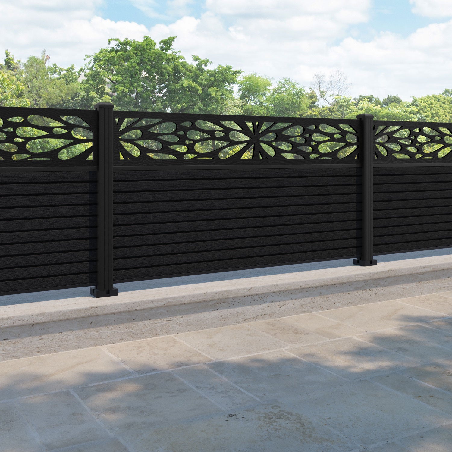 Hudson Blossom Fence Panel - Black - with our aluminium posts
