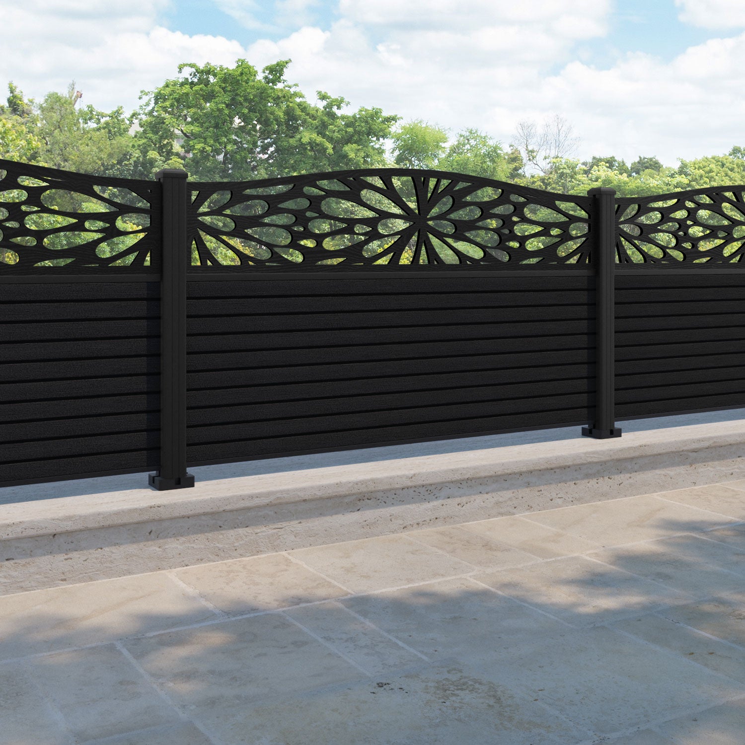 Hudson Blossom Curved Top Fence Panel - Black - with our aluminium posts