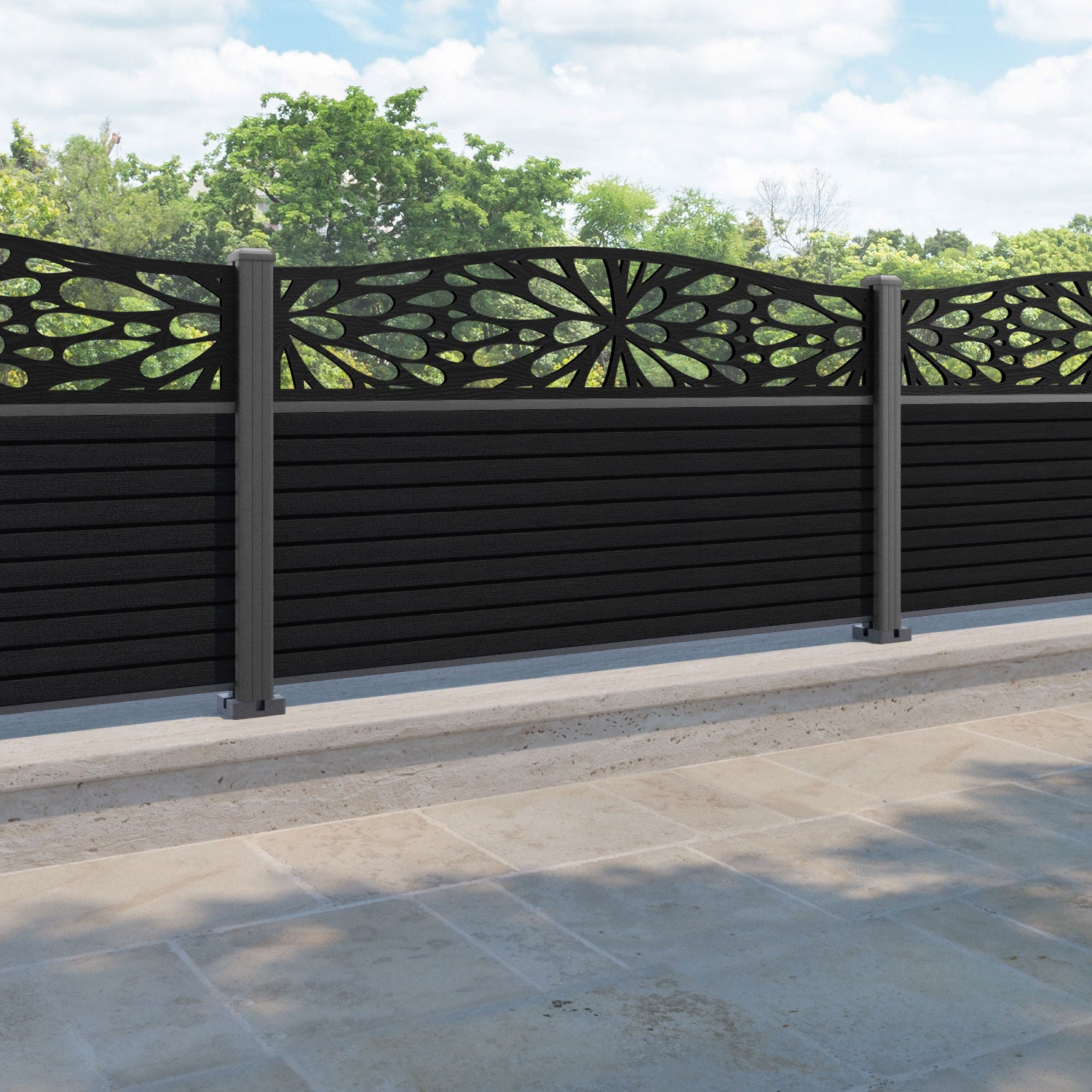 Hudson Blossom Curved Top Fence Panel - Black - with our aluminium posts