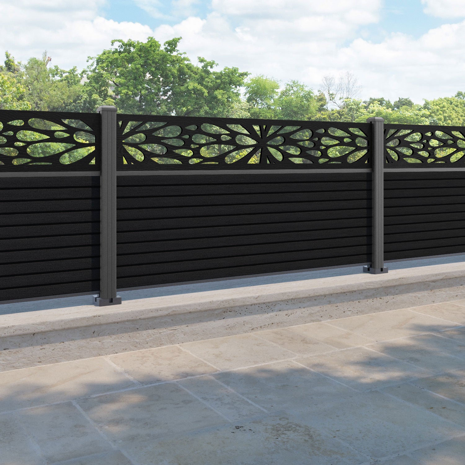 Hudson Blossom Fence Panel - Black - with our aluminium posts