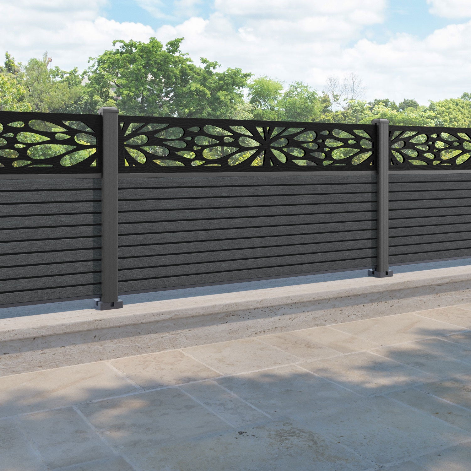 Hudson Blossom Fence Panel - Dark Grey - with our aluminium posts