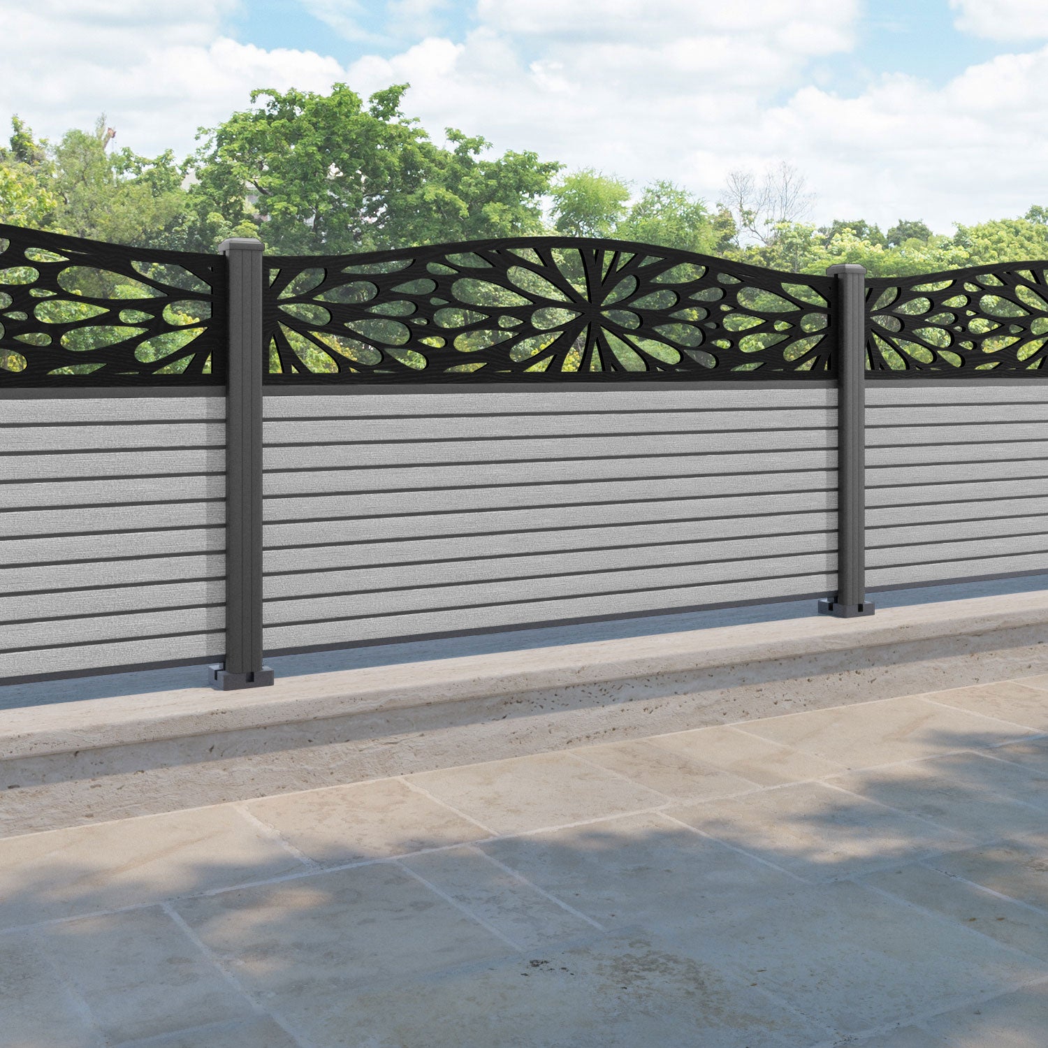 Hudson Blossom Curved Top Fence Panel - Light Grey - with our aluminium posts