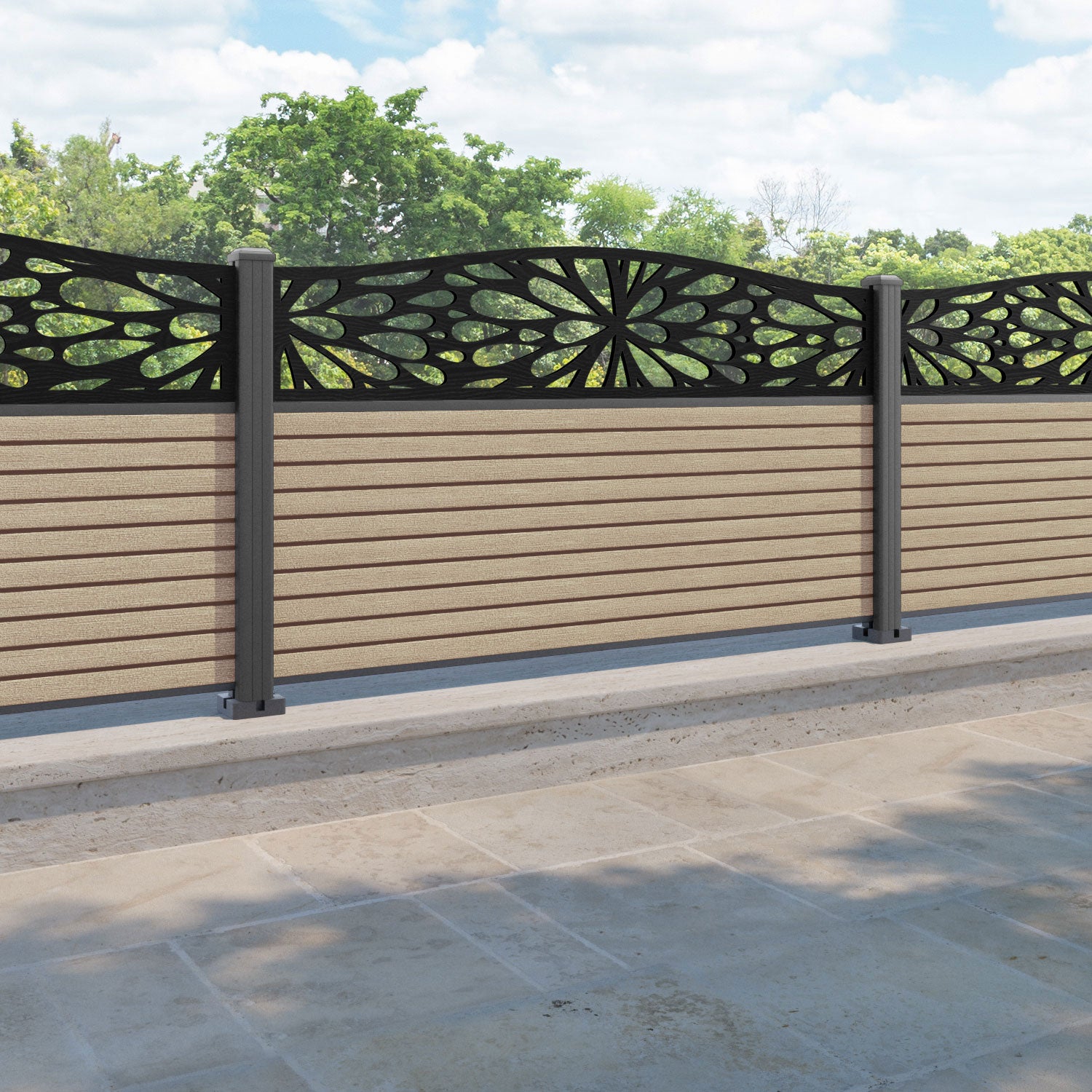 Hudson Blossom Curved Top Fence Panel - Light Oak - with our aluminium posts