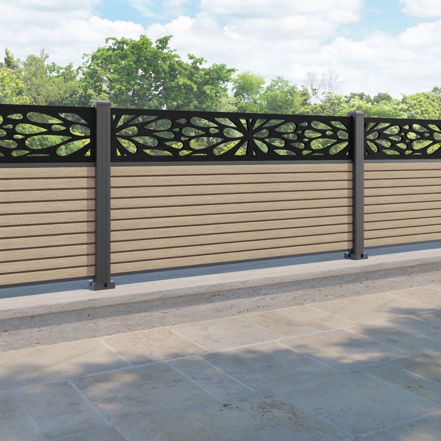 Hudson Blossom Fence Panel - Light Oak - with our aluminium posts