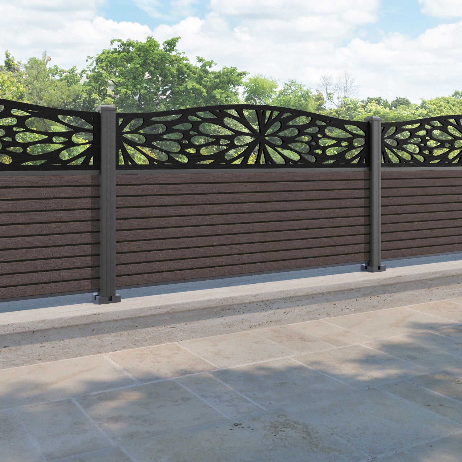 Hudson Blossom Curved Top Fence Panel - Mid Brown - with our aluminium posts