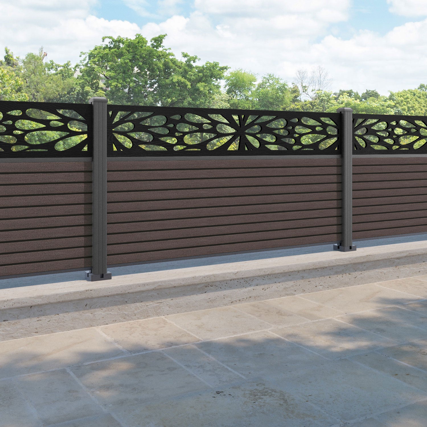 Hudson Blossom Fence Panel - Mid Brown - with our aluminium posts