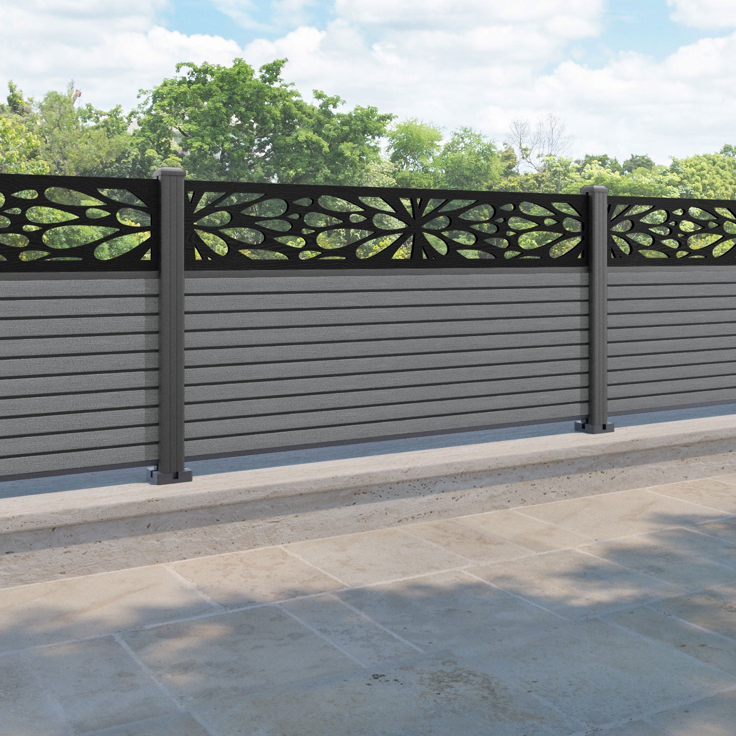 Hudson Blossom Fence Panel - Mid Grey - with our aluminium posts