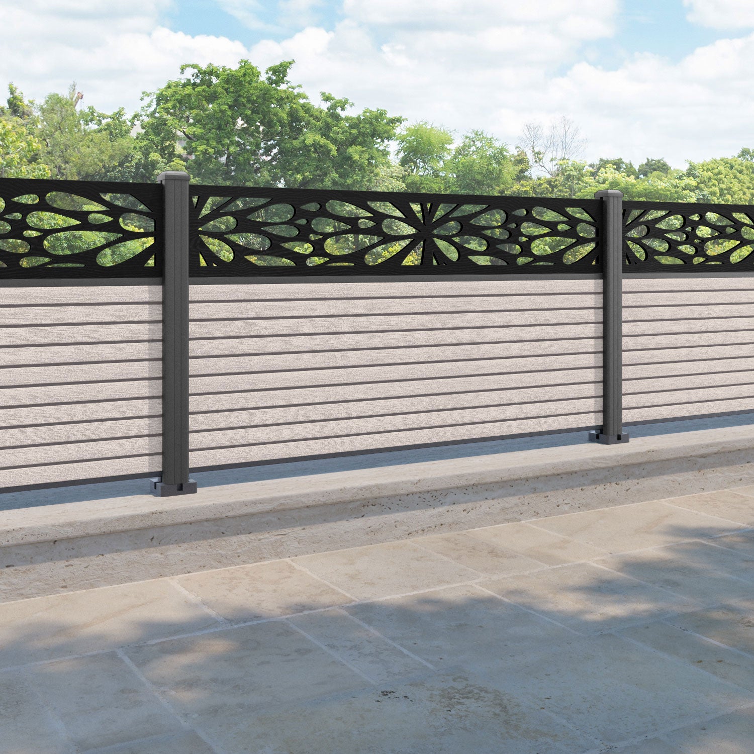 Hudson Blossom Fence Panel - Mid Stone - with our aluminium posts