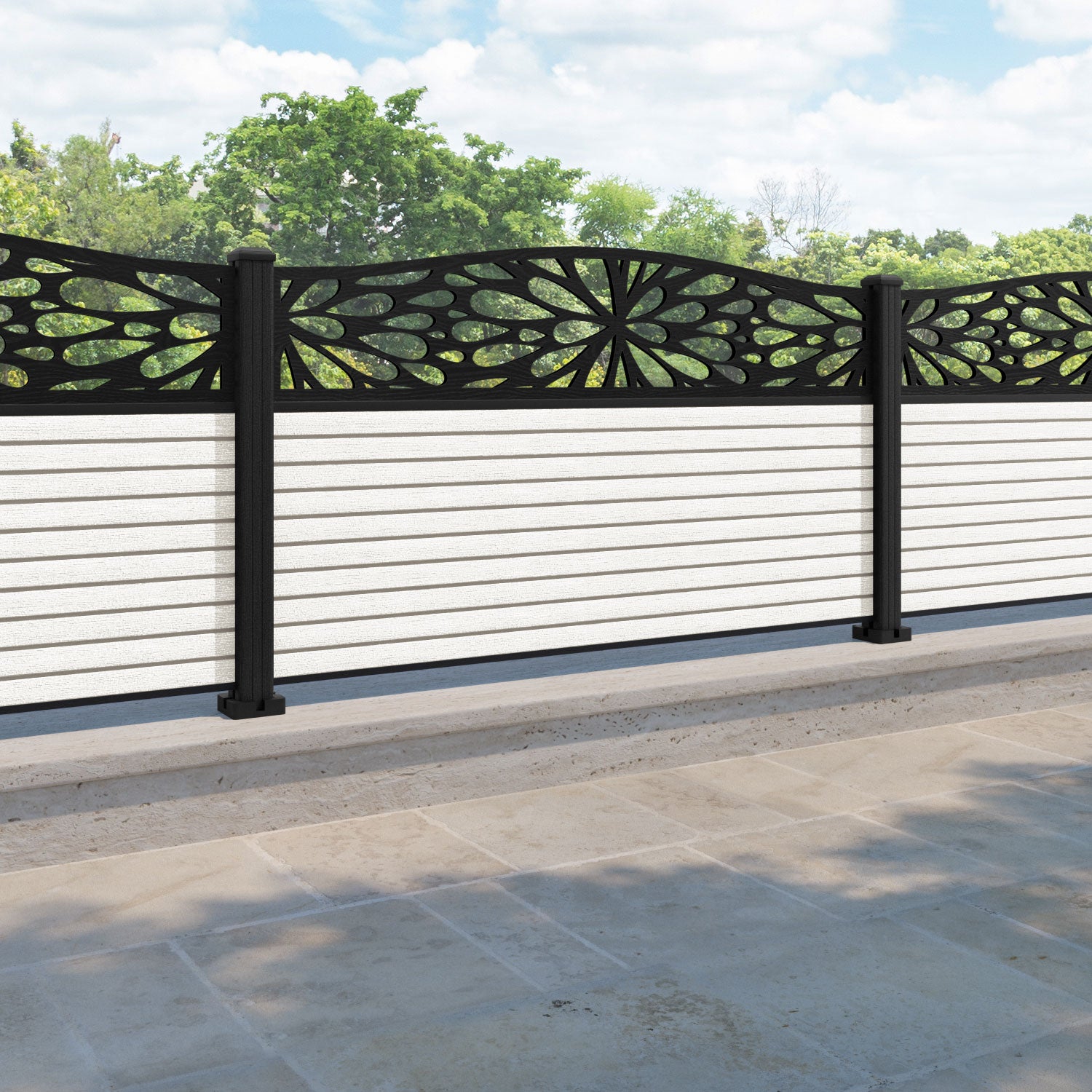 Hudson Blossom Curved Top Fence Panel - Light Stone - with our composite posts