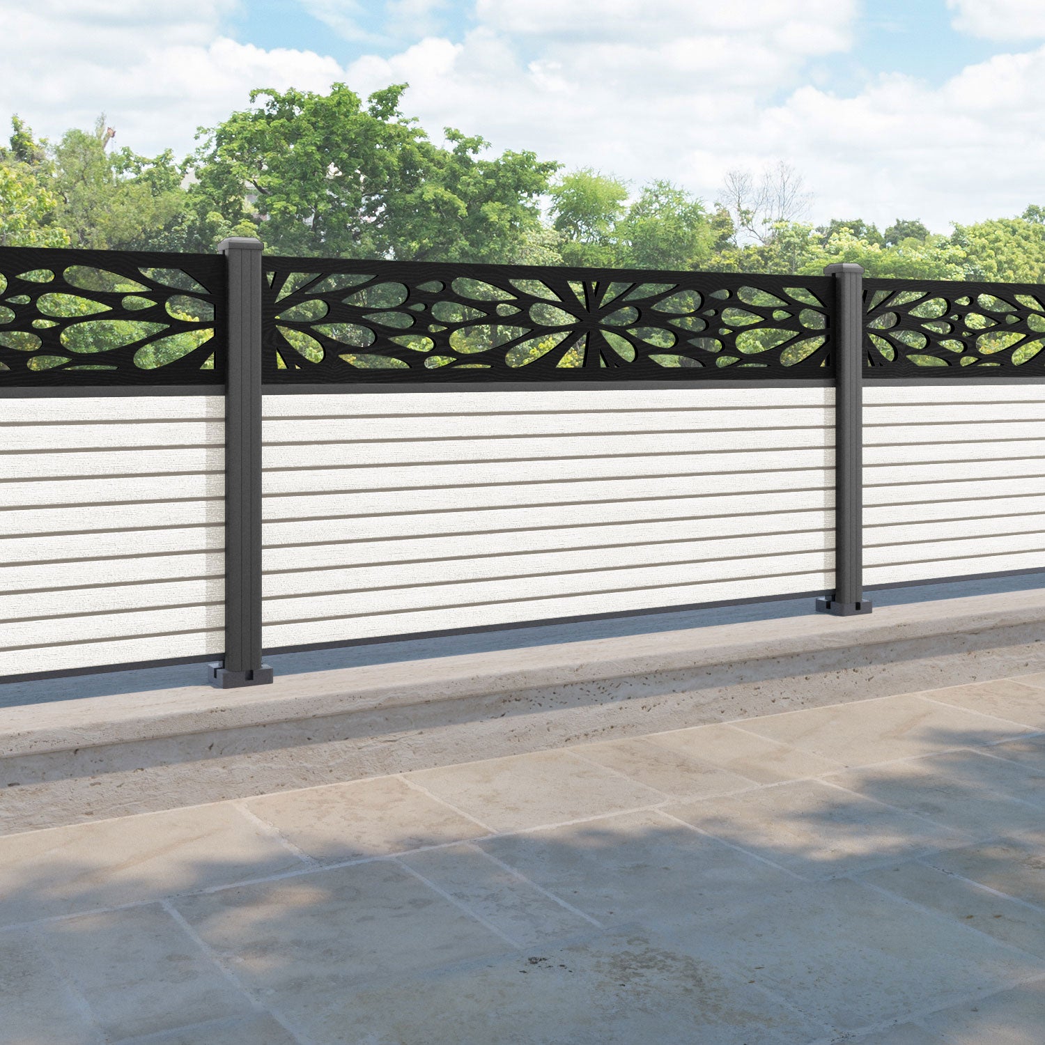 Hudson Blossom Fence Panel - Light Stone - with our aluminium posts