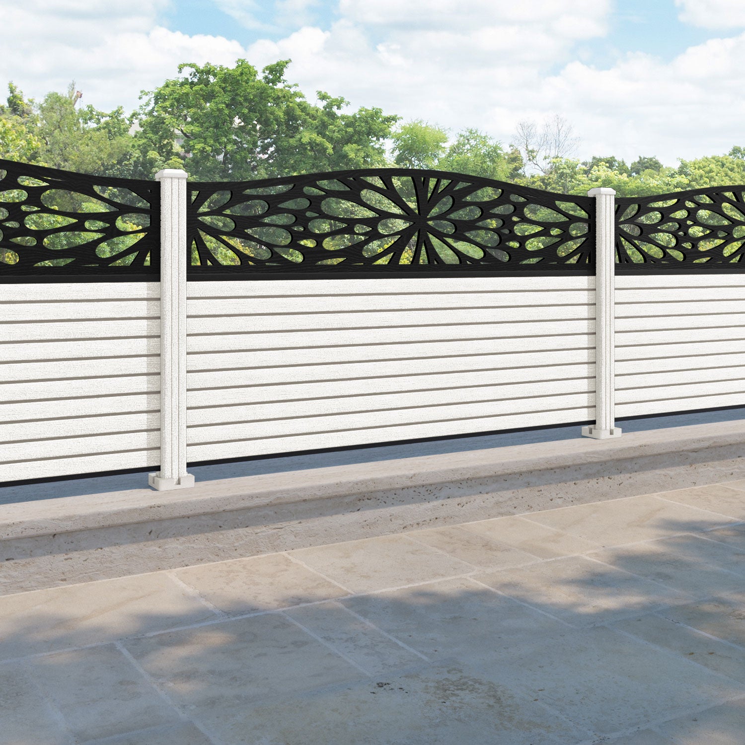 Hudson Blossom Curved Top Fence Panel - Light Stone - with our composite posts