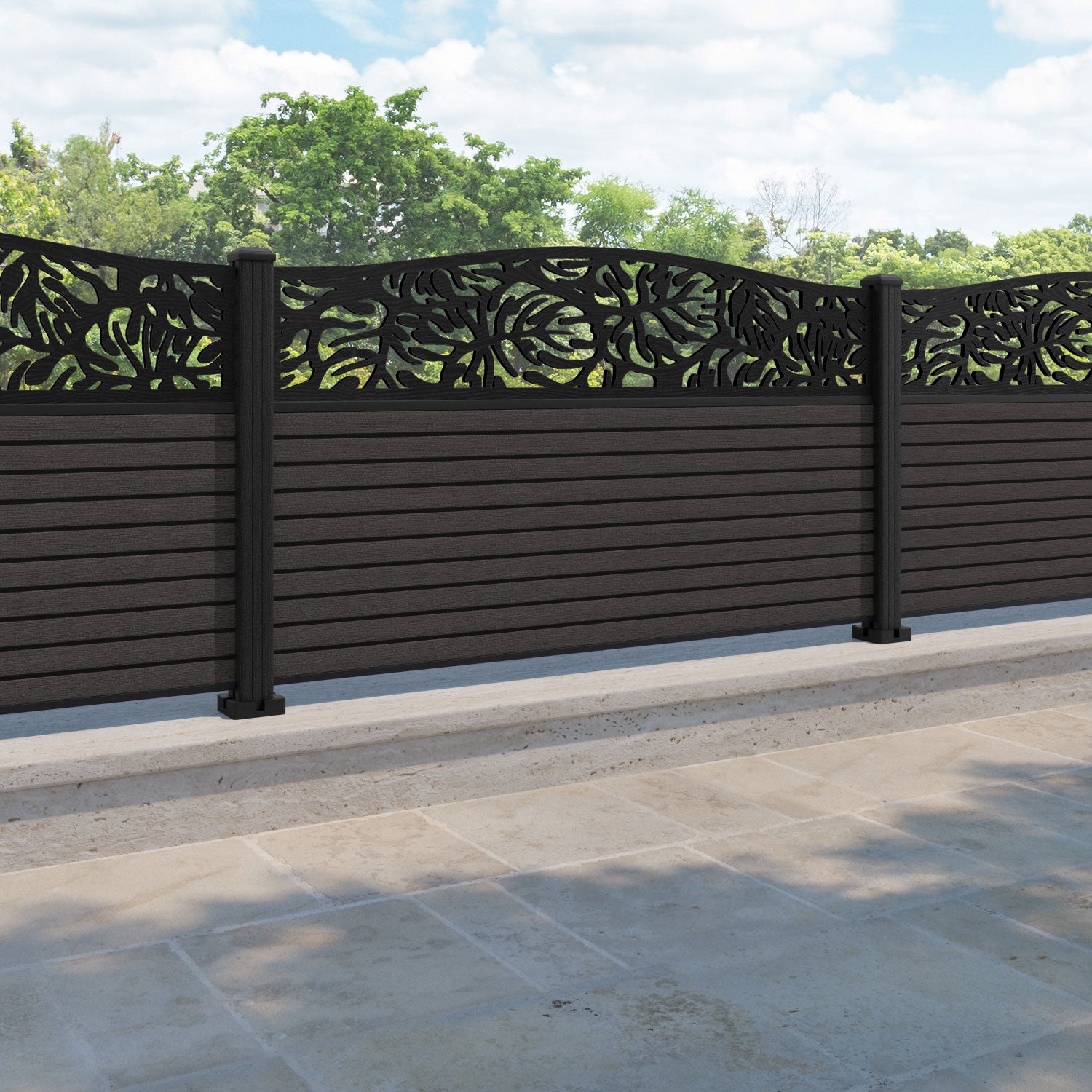 Hudson Botanic Curved Top Fence Panel - Dark Oak - with our composite posts