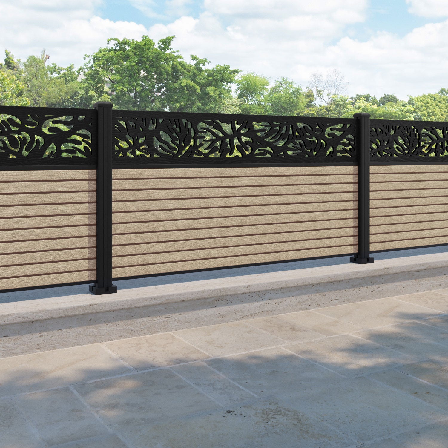 Hudson Botanic Fence Panel - Light Oak - with our aluminium posts