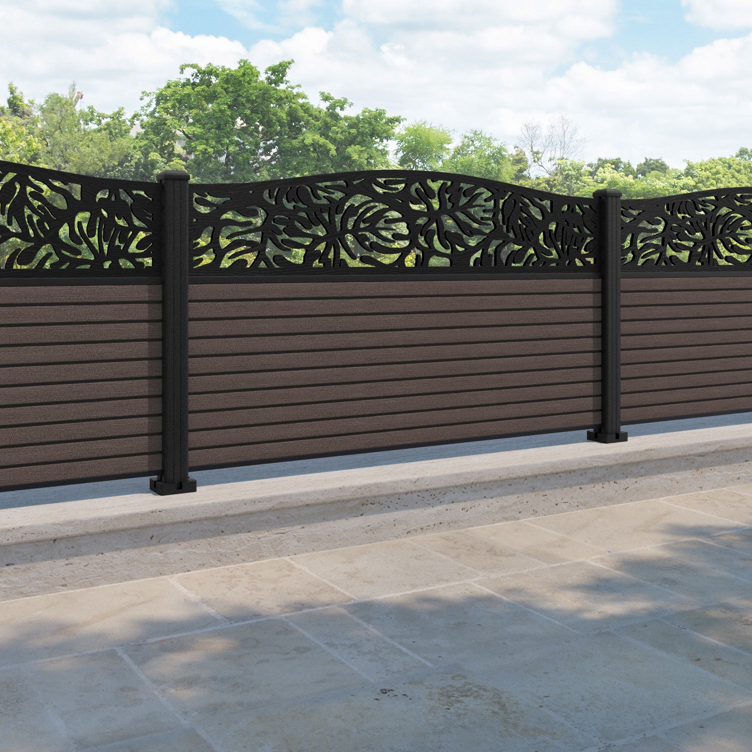 Hudson Botanic Curved Top Fence Panel - Mid Brown - with our composite posts