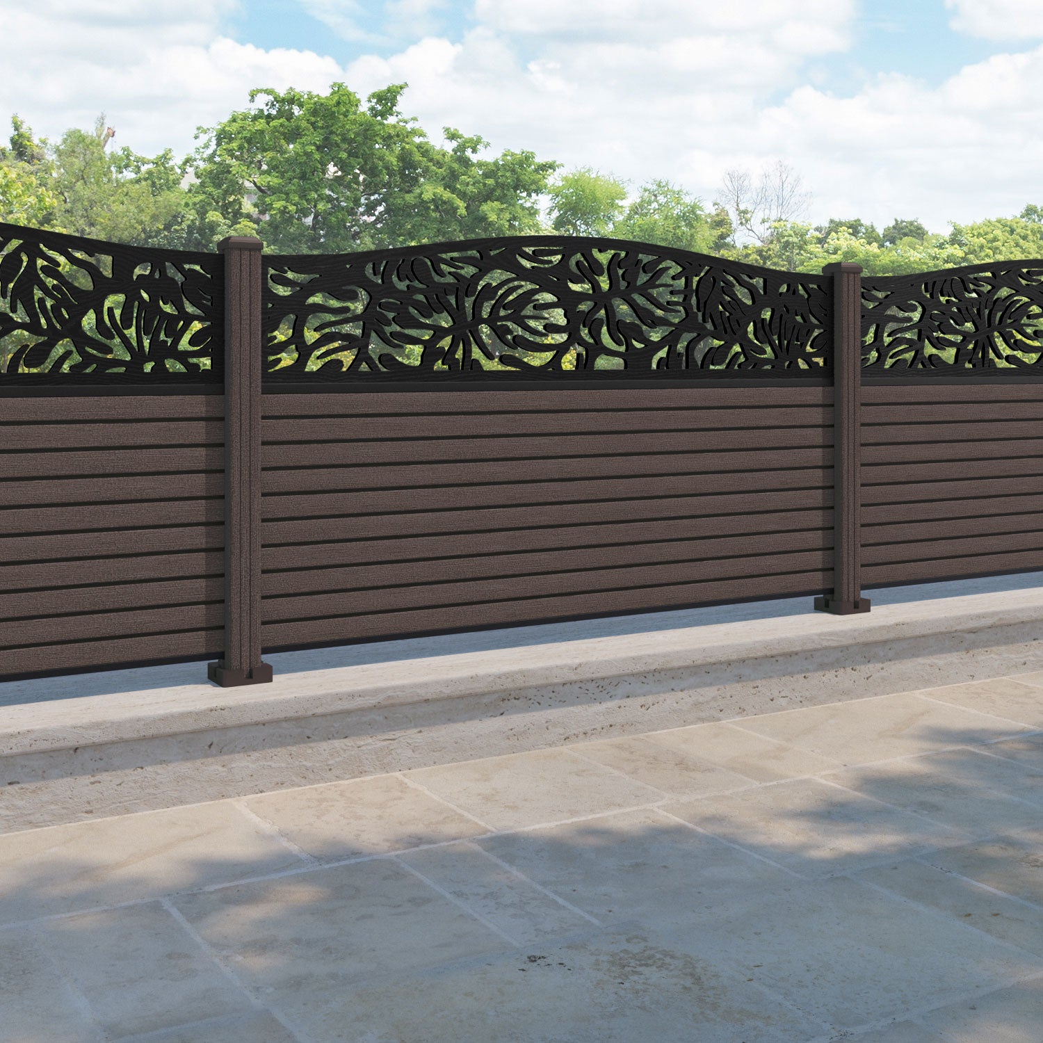 Hudson Botanic Curved Top Fence Panel - Mid Brown - with our composite posts
